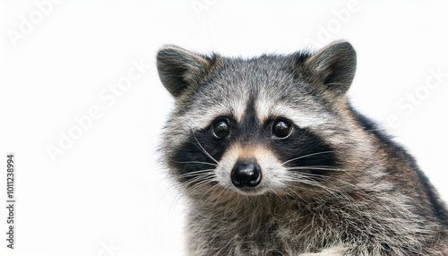 A close-up of a raccoon with distinct facial markings against a white background.