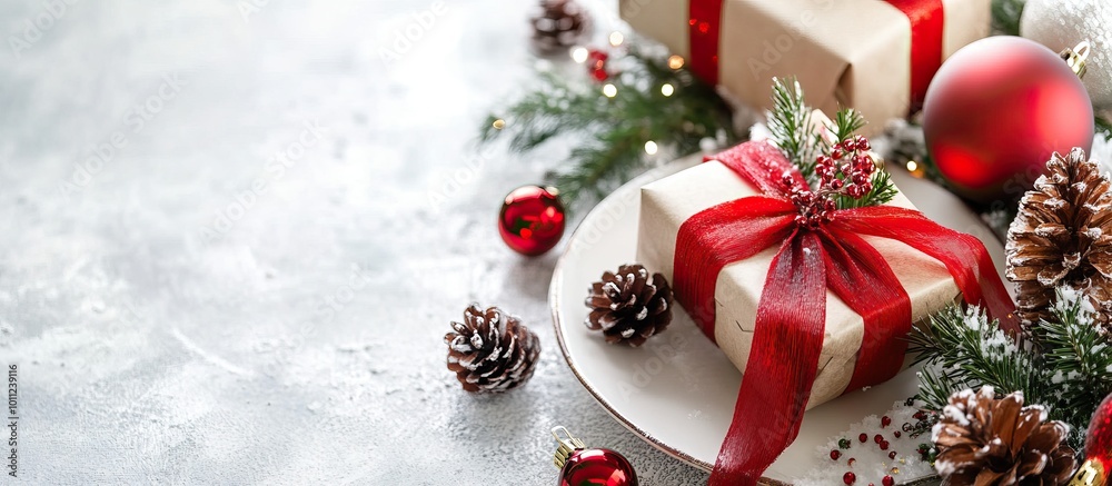 Christmas Gift with Red Ribbon on White Plate Christmas Gift with Red Ribbon on White Plate