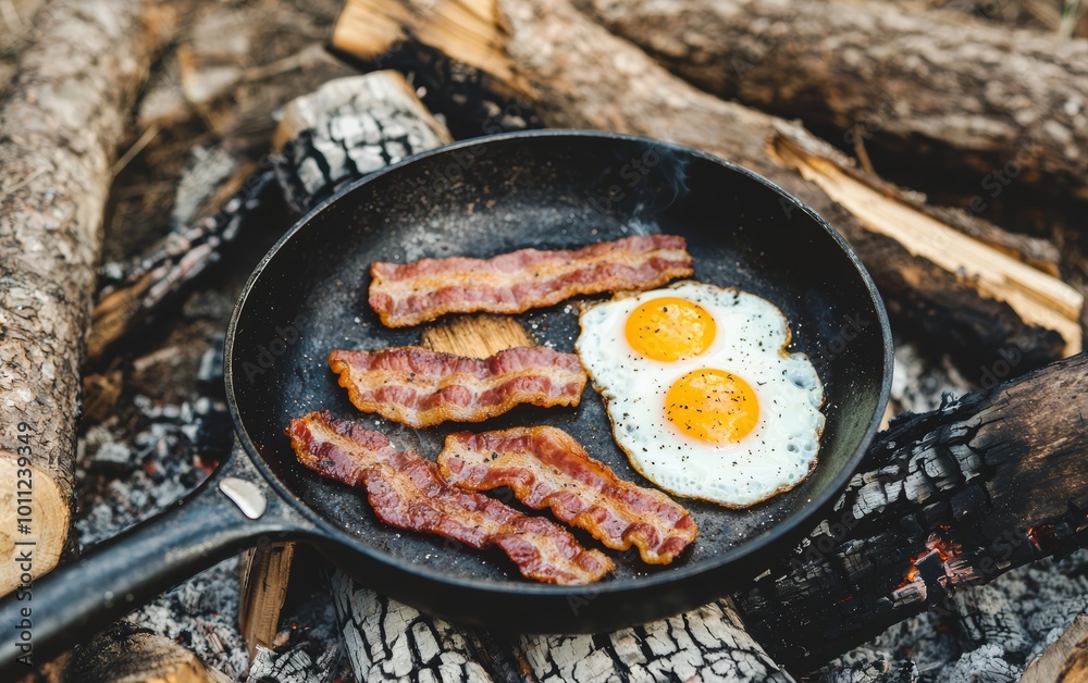 A rustic outdoor scene featuring crispy bacon and fried eggs cooked in a cast-iron skillet over a campfire, surrounded by logs. A rustic outdoor scene featuring crispy bacon and fried eggs cooked in a cast-iron skillet over a campfire, surrounded by logs.