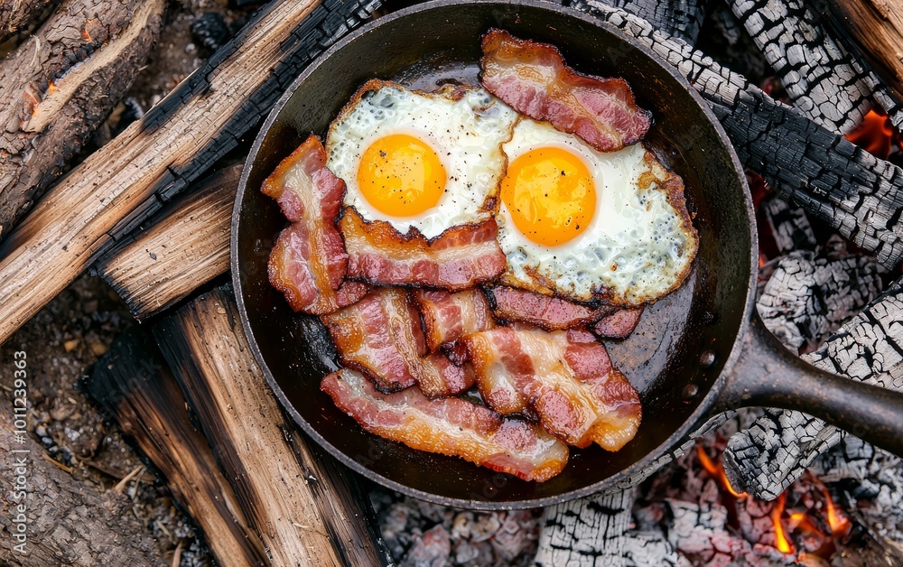 A cast-iron skillet holds crispy bacon and sunny-side-up eggs, set against a rustic campfire backdrop. A cast-iron skillet holds crispy bacon and sunny-side-up eggs, set against a rustic campfire backdrop.