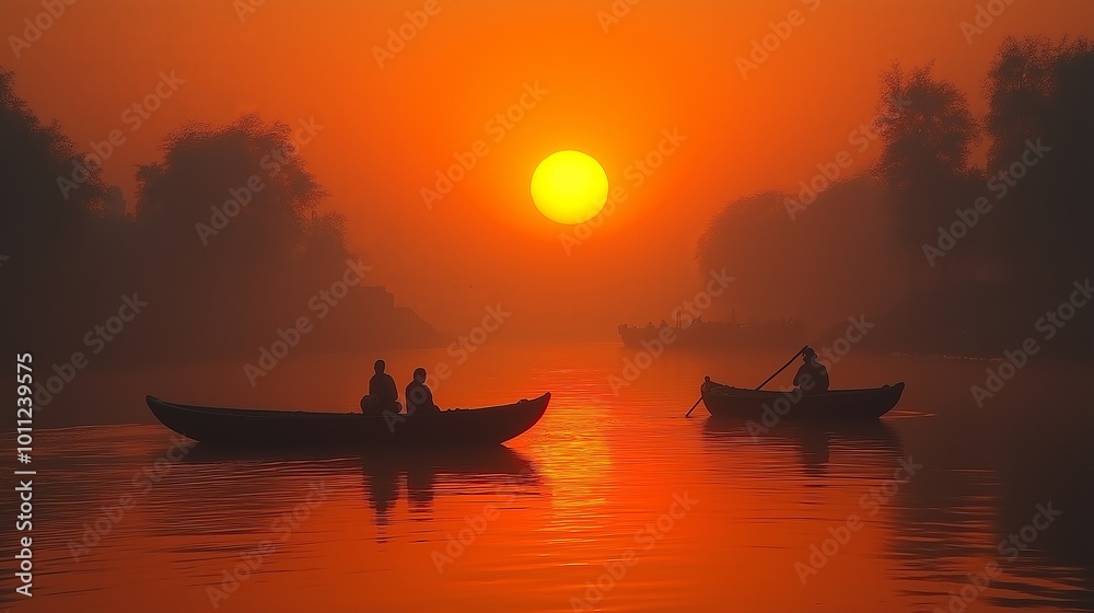 Silhouettes of Boats Drifting on Calm Waters During Fiery Orange Sunset with Mist in the Distance Silhouettes of Boats Drifting on Calm Waters During Fiery Orange Sunset with Mist in the Distance