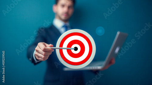 Businessman pointing at target, business goal setting, corporate strategy, professional focus, achieving objectives, executive with laptop, aiming for success, business targeting