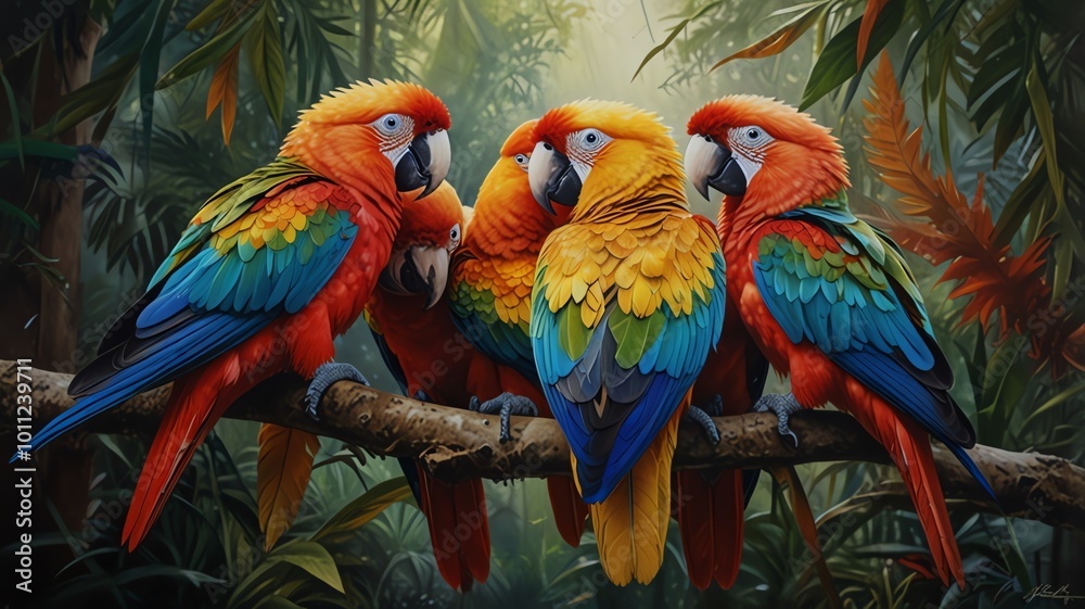 Four colorful parrots perched on a branch in a jungle.