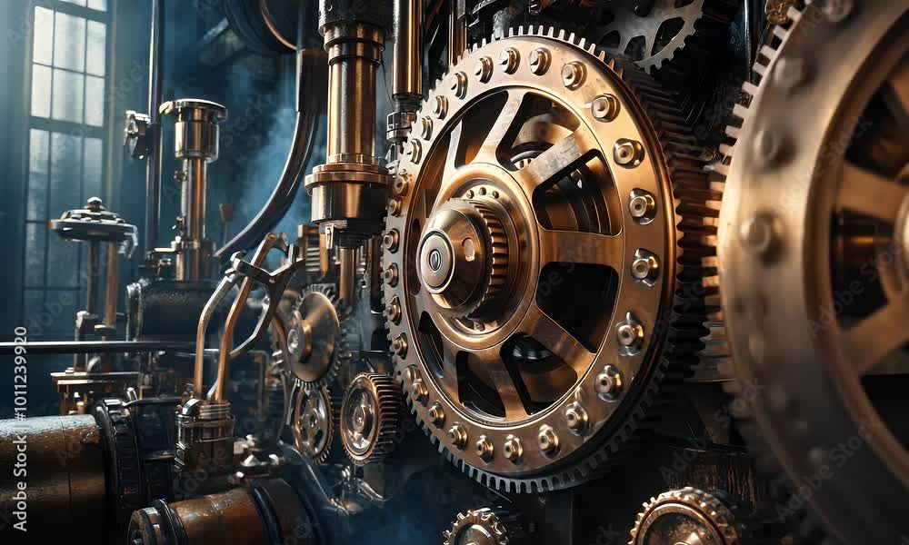 A close-up of intricate brass gears and machinery in a steampunk-inspired setting. A close-up of intricate brass gears and machinery in a steampunk-inspired setting.