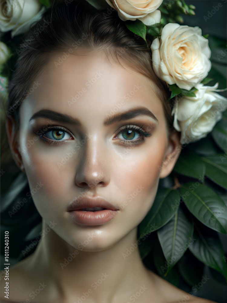 Beautiful young woman with clean fresh skin and flowers in hairs. Cosmetology, beauty and skin care concept. Beautiful young woman with clean fresh skin and flowers in hairs. Cosmetology, beauty and skin care concept.