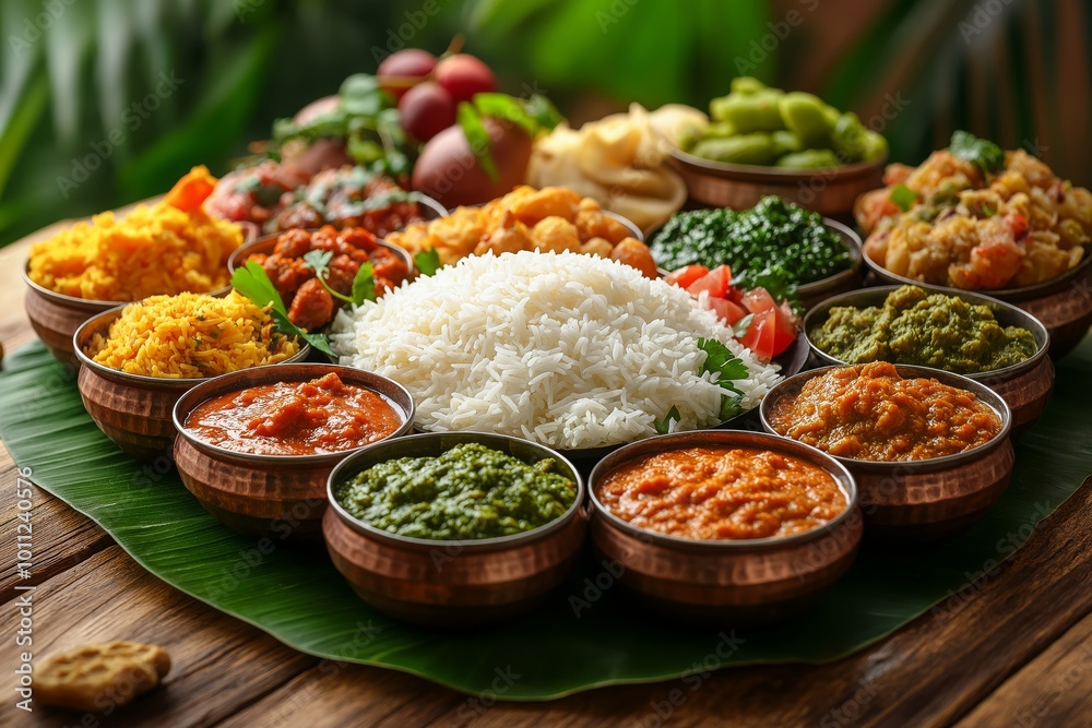 Indian Ritual Food Traditional Indian feast featuring rice and curry dishes served on a ...