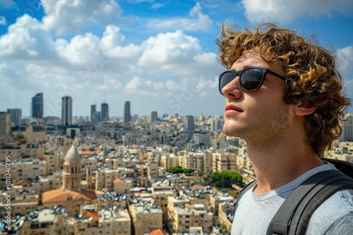 A Man in Sunglasses Gazes at the City Skyline from Above