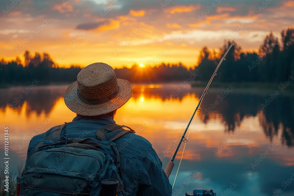 Fisherman silhouetted against a vibrant sunrise over a still lake. Fisherman silhouetted against a vibrant sunrise over a still lake.