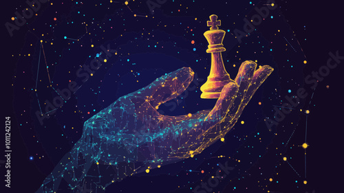 Abstract Starry Sky Hand with Chess Pawn, Business Strategy in Space Universe, Points Lines Vector Art