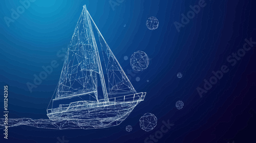 Polygonal Sailing Yacht in Blue Mesh Design, Sea Business Concept for Modern Vector Illustrations, Flat Minimalist SVG Style
