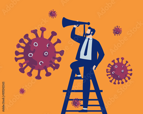 Business vision for new normal post-COVID-19 pandemic, financial crisis, and economic recession, businessman on ladder above Coronavirus pathogen, flat minimalist SVG vector