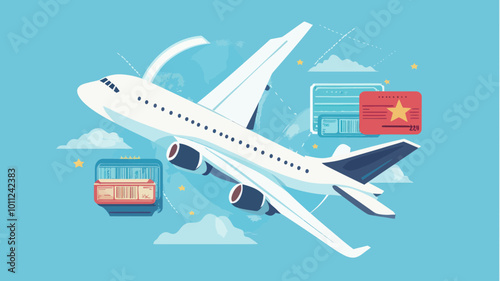 Flat Design Vector Banner of Airplane with Airline Tickets and Travel Concept for Vacation Booking and Flights
