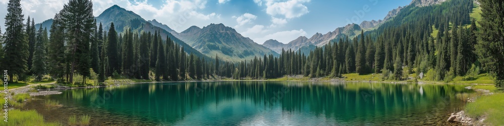 A beautiful lake surrounded by trees and mountains. The water is calm and clear, reflecting the sky and the trees. The scene is peaceful and serene, making it a perfect place to relax and enjoy nature A beautiful lake surrounded by trees and mountains. The water is calm and clear, reflecting the sky and the trees. The scene is peaceful and serene, making it a perfect place to relax and enjoy nature