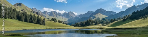 A beautiful mountain landscape with a lake in the foreground. The lake is surrounded by trees and mountains, creating a serene and peaceful atmosphere. Concept of tranquility and natural beauty