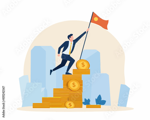 Cheerful Businessman Climbing Money Coin Stack to Achieve Financial Goal, Wealth Management, and Investment Plan Concept in Minimalist Flat SVG Vector Style