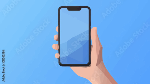 Low Poly Hand Holding Smartphone Vector Illustration in Minimalist Blue Style for Technology and Communication Concepts