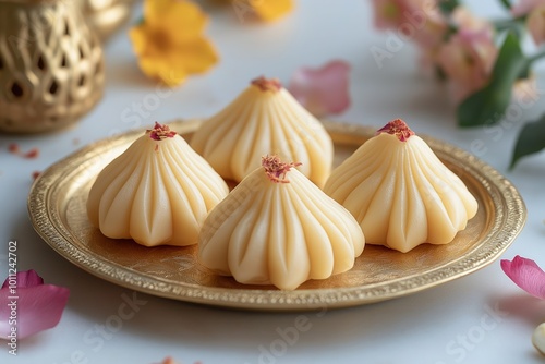 Elegant Modaks with Flower Garnish on a Gold Plate for Ganesh Chaturthi Prasad photo