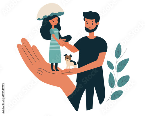 Family Protection Concept with Parents, Child, and Pet in Helping Hands, Minimalist Flat Vector Illustration for Life Insurance or Safety