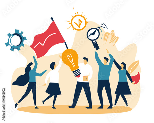 Innovative Entrepreneurship Concept with Business Team Launching Startup, Holding Winner Flag, Rocket Ship, Lightbulb Idea, and Target Plan - Flat Minimalist Vector