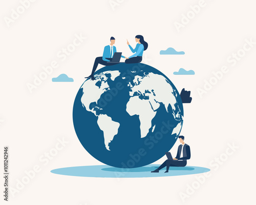 Remote Global Workforce Collaboration, Minimalist Vector Image of Business People Working Around World Map on Globe, International Company, Freelance, Online Computer
