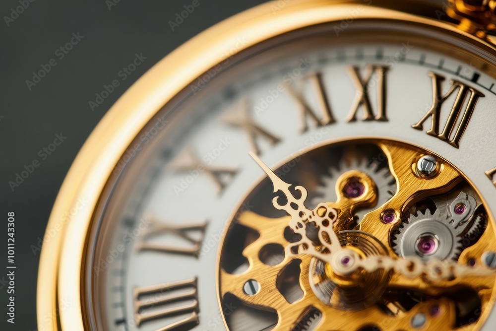 Close-up of an intricate golden watch mechanism on a dark background. Close-up of an intricate golden watch mechanism on a dark background.
