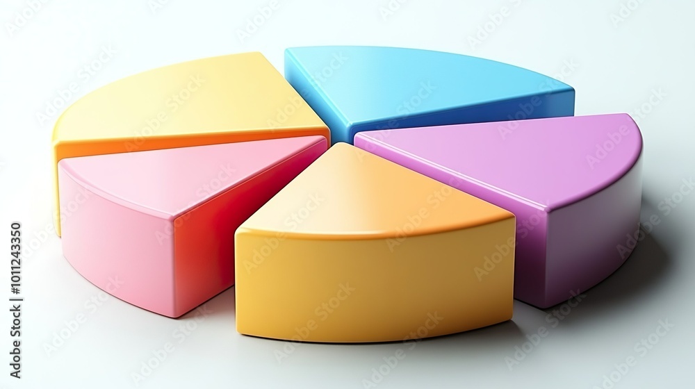 Obraz premium Colorful 3D pie chart with five segments, representing statistical data in a clean and modern design