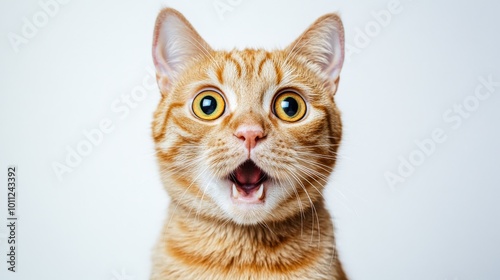 Funny Ginger Cat with Shocked Expression and Wide Eyes on White Background