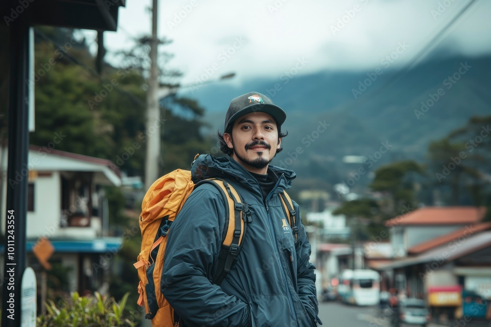 Man with Backpack and Cap Looking Towards Camera Man with Backpack and Cap Looking Towards Camera