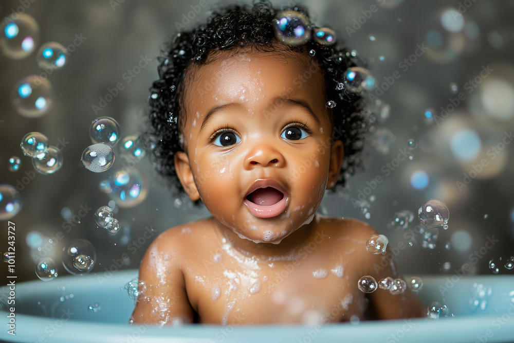 a baby sitting in a small bathtub, surrounded by bubbles a baby sitting in a small bathtub, surrounded by bubbles