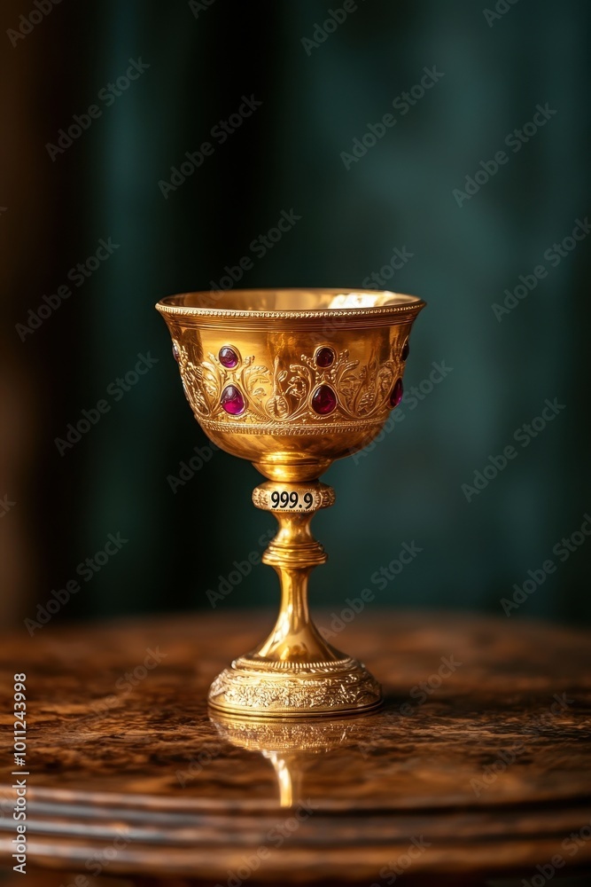 Gold ornate chalice with red gems on wooden table, elegant vintage style. Gold ornate chalice with red gems on wooden table, elegant vintage style.