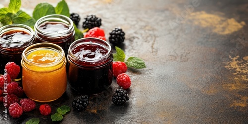 Colorful assortment of fruit jams in glass jars surrounded by fresh berries and mint on a rustic surface. photo