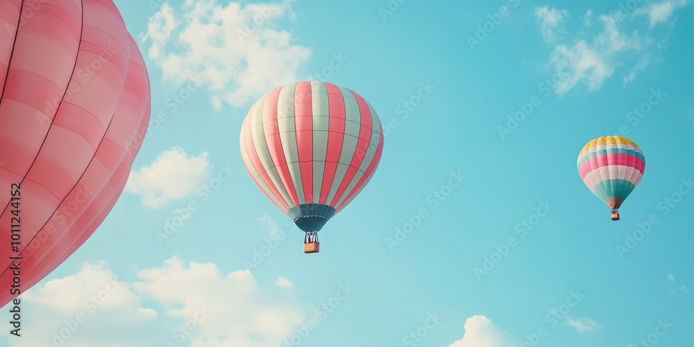 Fototapeta premium Colorful hot air balloons drifting in a bright blue sky, creating a serene and joyful atmosphere.