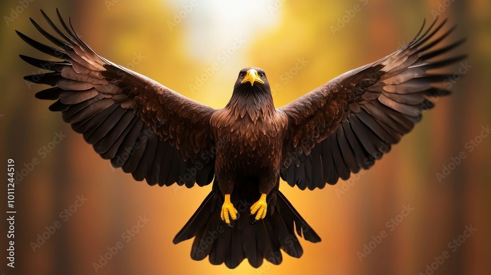Fototapeta premium Majestic eagle soaring with wings spread wide in a forest setting.