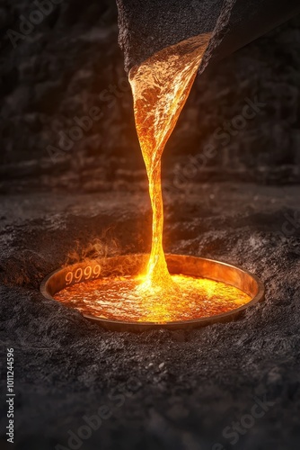 Molten gold pouring into a mold, creating a shiny gold ingot, isolated background.
