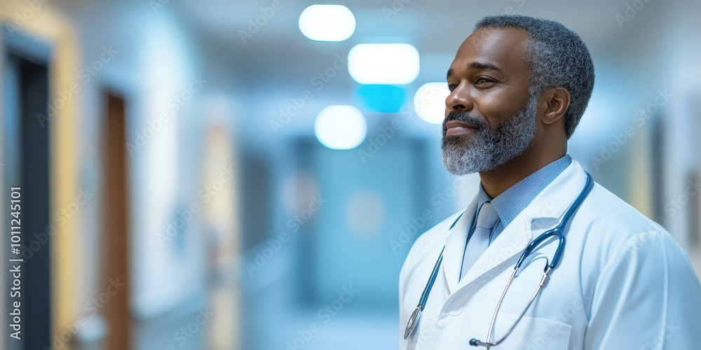 Confident doctor in a hospital corridor, exuding professionalism and care while preparing for the next patient.