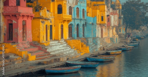 Vibrant Old Houses and Boats Along the Ghats of Varanasi on the Ganges River photo