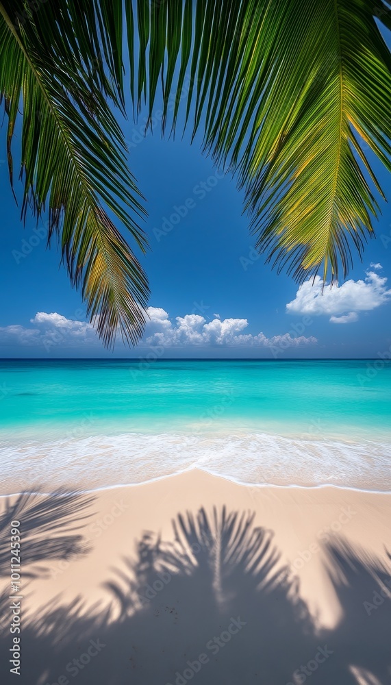 Fototapeta premium Tranquil Beach Scene. Palm Trees, Turquoise Water, and White Sand on a Sunny Day in Paradise.