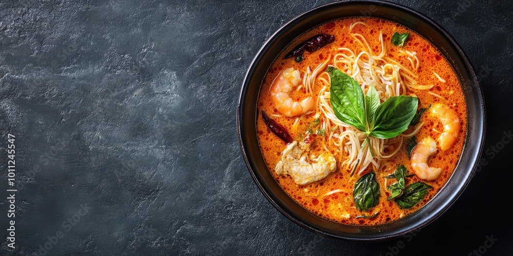 Delicious bowl of spicy shrimp noodles with fresh herbs and vibrant colors, perfect for food lovers and culinary enthusiasts. Delicious bowl of spicy shrimp noodles with fresh herbs and vibrant colors, perfect for food lovers and culinary enthusiasts.