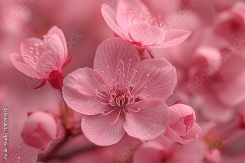 A close-up image focusing on individual cherry blossom flowers in full bloom, room for text