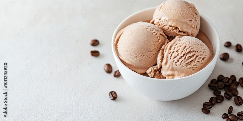 Delicious chocolate ice cream in a white bowl, surrounded by coffee beans, perfect for dessert lovers and food enthusiasts. Delicious chocolate ice cream in a white bowl, surrounded by coffee beans, perfect for dessert lovers and food enthusiasts.