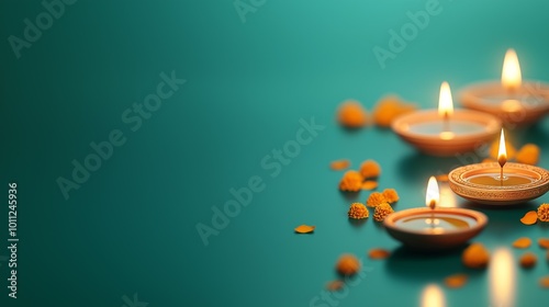 Diyas and Marigold Petals Decor on Green Background for Diwali Festival Greeting