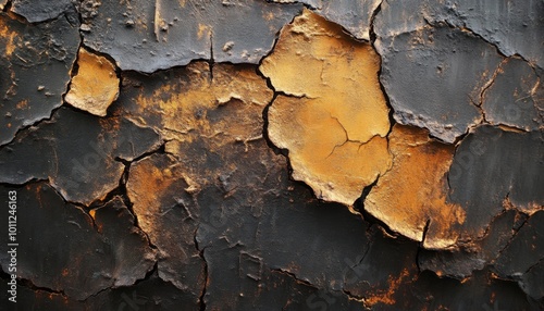 Close-up of cracked and peeling paint, revealing a rusty orange layer underneath.