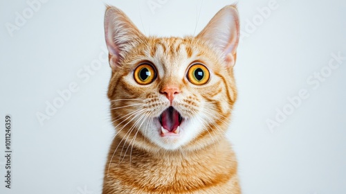 Funny Ginger Cat with Shocked Expression and Wide Eyes on White Background