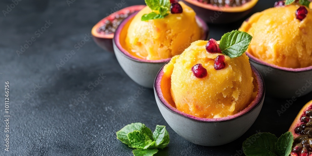 Delicious mango sorbet served in elegant bowls, garnished with fresh mint and pomegranate seeds, perfect for a summer treat. Delicious mango sorbet served in elegant bowls, garnished with fresh mint and pomegranate seeds, perfect for a summer treat.