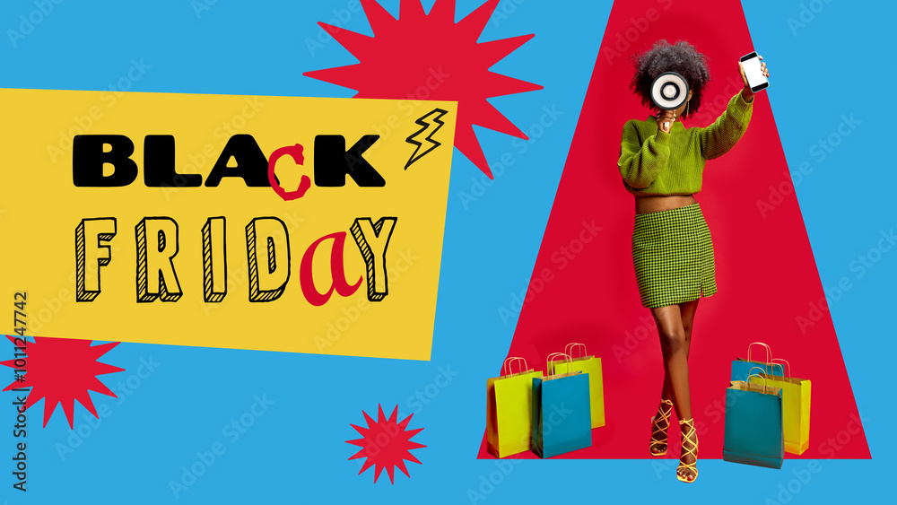 Naklejka premium Poster. Contemporary art collage. Woman holding phone and megaphone, ready to announce deals. Bright and dynamic design. Concept of Black Friday, sales season, cyber Monday, promotion, discount. Ad