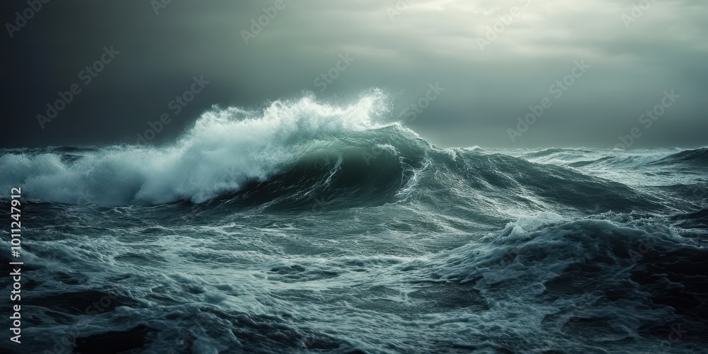 Dramatic ocean wave crashing under moody skies, capturing the raw power and beauty of nature's force during stormy weather. Dramatic ocean wave crashing under moody skies, capturing the raw power and beauty of nature's force during stormy weather.