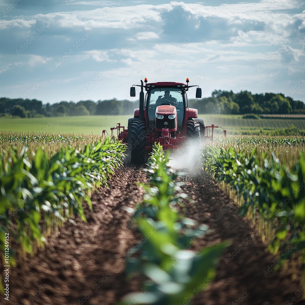 Tractor Spraying Pesticides on Cornfield in Spring Agricultural Scene Tractor Spraying Pesticides on Cornfield in Spring Agricultural Scene