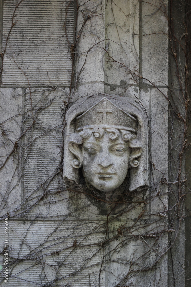 Obraz premium The carved stone face of a Christian woman peeking thru the stone wall.