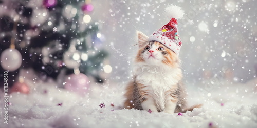 A cute fluffy red white grey calico kitten in a christmas hat sitting on the ground against an Christmas tree with silver decor