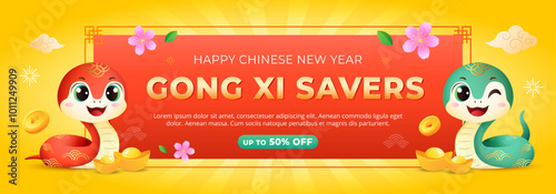 Chinese New Year 2025 sale banner with 2 cute snake zodiac, blossom flower and cloud in yellow background. Holiday web banner vector illustration.